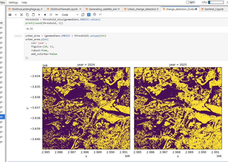 AOI settlement change detection GeoTiff on Jupyter Notebook on Digital Earth Africa